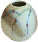 KENNY SMITH - VASE WITH YELLOW AND BLUE SLASHES AND RED DOTS - CERAMIC - 6.5 X 6.5