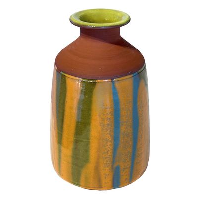 KENNY SMITH - CERAMIC VASE WITH GREEN, ORANGE, BLUE GLAZE - CERAMIC - 4.5 X 4.5 X 7.75