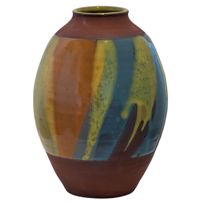 KENNY SMITH - ORANGE, TEAL, AND LIME GREEN VASE - CERAMIC - 8.5 X 5.5 X 5.5