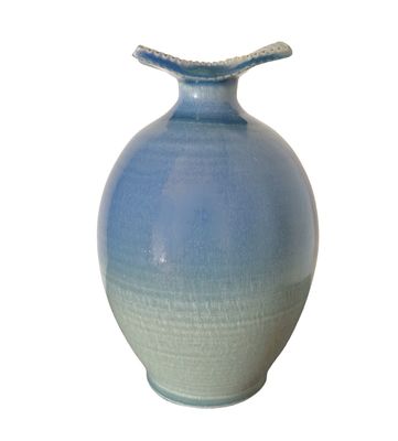KENNY SMITH - BLUE & LT GREEN WING NECK VASE - CERAMIC - 4.25 X 9 X 4.25