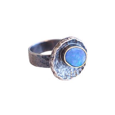 EVA STONE - OXIDIZED CUP W/ GOLD BEZEL OPAL RING - SILVER