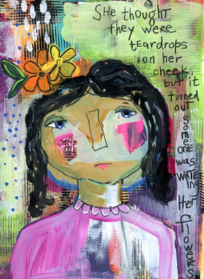 WENDY SHRAGG - WATERING HER FLOWERS - MIXED MEDIA - 9 X 12