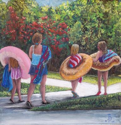 APRIL HOSKINS - SUMMERTIME TO THE POOL! - PASTEL - 11 X 11