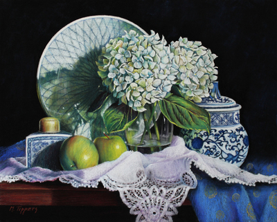 MARIE TIPPETS - BLUE CERAMICS - PASTEL ON PANEL - 20 X 16