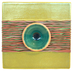 KAREN THAYER - WALLWORKS GREEN W/ BRICK BAND - CERAMIC - 8 X 8 X 2.5