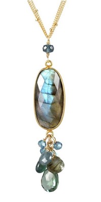 ALICIA VAN FLETEREN - OVAL LABRADORITE PENDANT NECKLACE W/  QTZ, BLUE TOPAZ, MOSS AQUAMARINE & GRANDIDIERITE - GOLD & GEMSTONES
