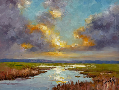 JIE ZHOU - SUNSET REFLECTION - OIL ON BOARD - 14 X 11