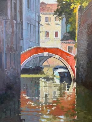 JIE ZHOU - RED BRIDGE IN VENICE JIE ZHOU - RED BRIDGE IN VENICE - OIL - 26 X 34